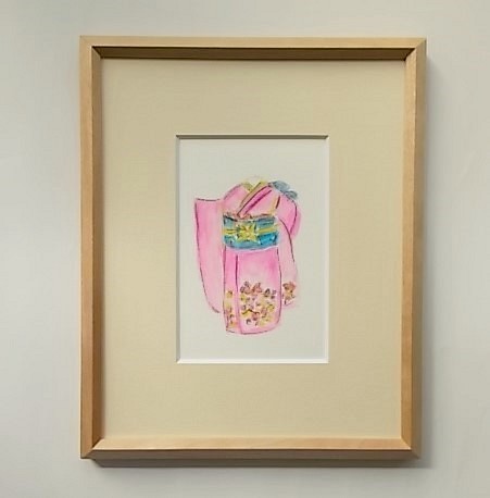 絵画 インテリア 水彩画 額絵 きもの 晴れ着 桃