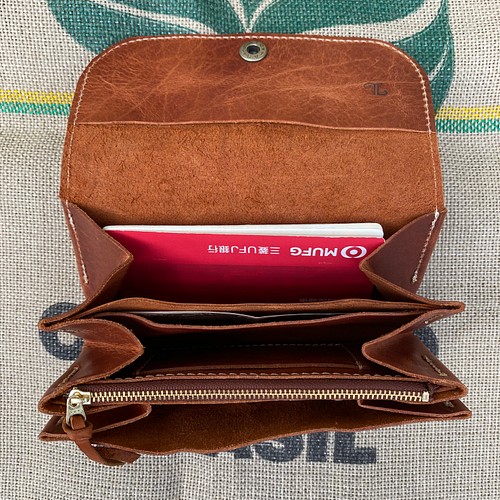 ジャバラの長財布/ブラウン色の本革レザー財布/大きな財布 