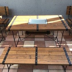 バーベキューテーブルフルセット （テーブル×1、ベンチ大×２、ベンチ小×２）アイアン&ウッド 1枚目の画像