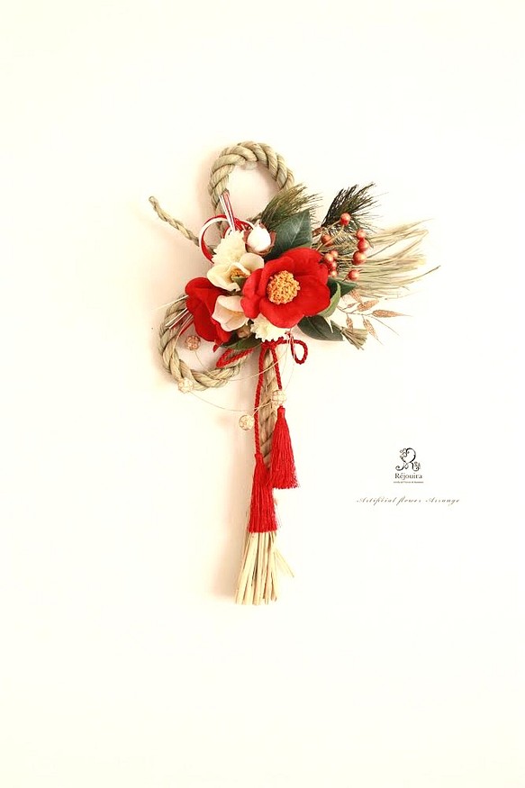 《再販》紅白椿のお正月しめ縄   春来重〆飾り 1枚目の画像
