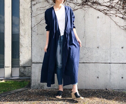 Chijimi Takashima 100% 純棉海軍藍胸衣連衣裙 第1張的照片