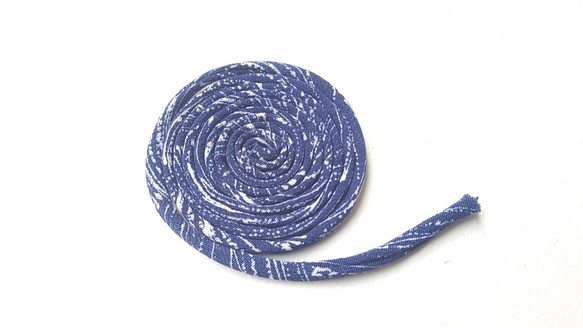 古布コード５mm　絹ひも　青（白プリント）約１m 1枚目の画像