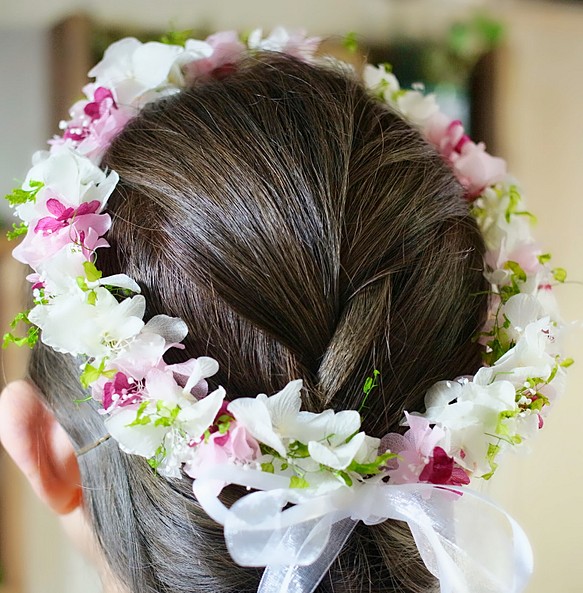 紫陽花とかすみ草の花冠☆ホワイトグリーンピンク ヘッドドレス