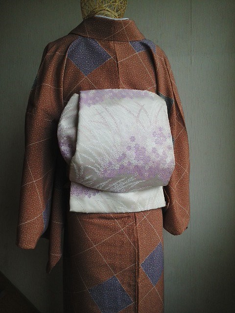 変わり結び☆長尺☆二部式軽装帯（作り帯）☆白＆紫小花袋帯リメイク 