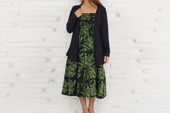 蠟染葉紋層疊連衣裙&lt;綠色&gt; 第1張的照片