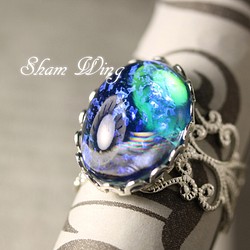 龍の息吹✿虹入りドラゴンブレスデザインリング☆フリーサイズ☆ブルーグリーン 1枚目の画像