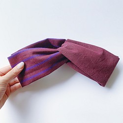 会津木綿のターバン(青紫縞×あずき) 1枚目の画像