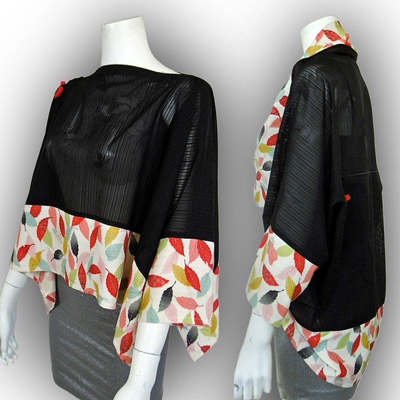 単衣の夏用着物のリメイク：２トーン、２通り使える折り紙ドルマンブラウス＆シュラグジャケット 1枚目の画像