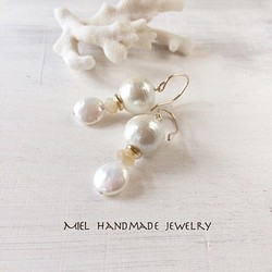 〜再次上架〜誠實〜K14GF淡水珍珠和棉珍珠乳白色耳環 第1張的照片