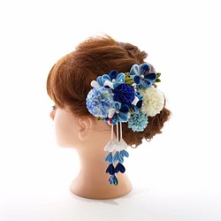 E3 つまみ細工とマムの髪飾りセット ブルー 1枚目の画像