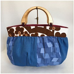 ☆銷售手提袋木柄復古藍色檢查 第1張的照片