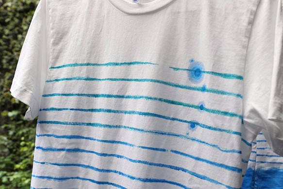 手描きTシャツ「ブルー　ボーダー」サイズS 1枚目の画像