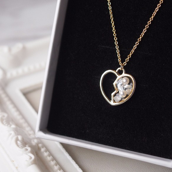 情人節禮物 愛心滴膠貝殼片珍珠 鍍金項鍊 (45cm) 第1張的照片