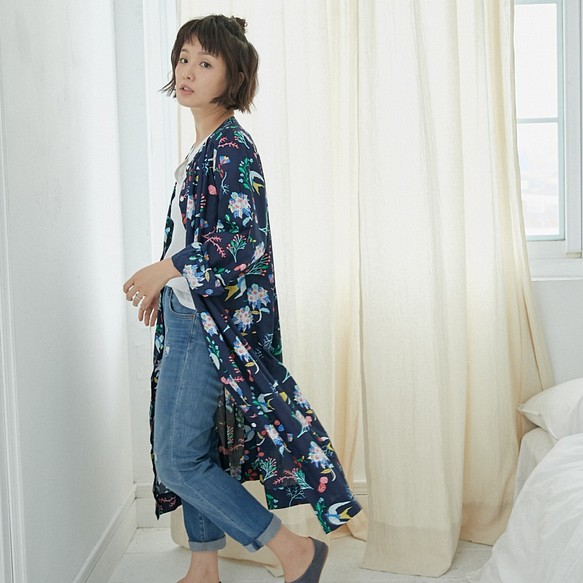 Floral Natural Cotton Print Long Sleeves One-piece/ Navy 1枚目の画像