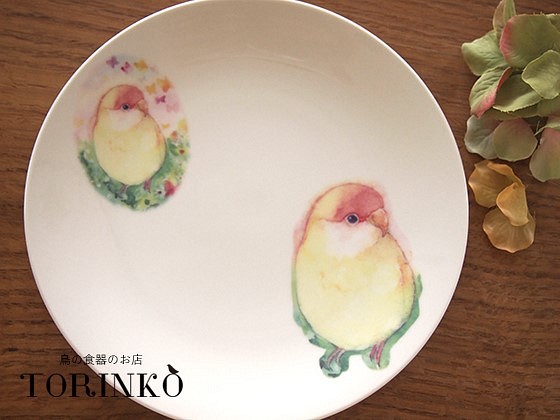 インコ　お皿　小桜インコ　イエロー　Φ21ｃｍ　 1枚目の画像