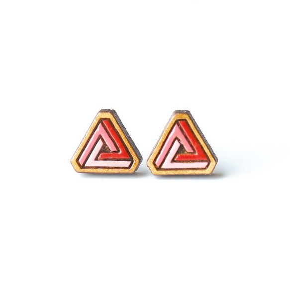 『田田製作所』彩繪木耳環-三角幾何(紅色) 耳夾 第1張的照片