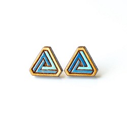 『田田製作所』彩繪木耳環-三角幾何(藍色) 耳夾 第1張的照片