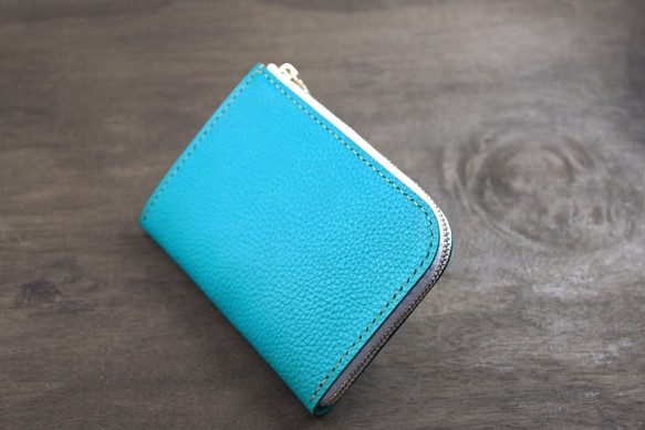 APEE皮手工~L型財布/短錢夾~荔枝紋~土耳其藍 第1張的照片
