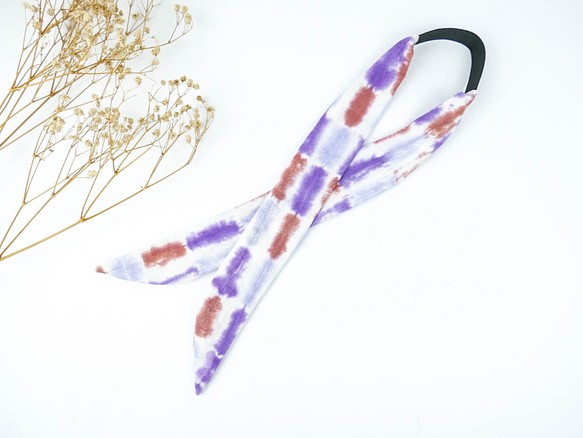 : 紫條 : 領巾髮帶 自綁 鬆緊 手染 渲染 禮物 純棉 第1張的照片