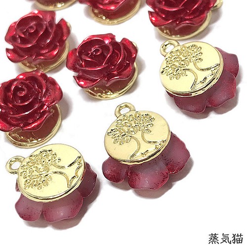 赤い薔薇チャーム 6個【バラの花 ピアス ハンドメイド用アクセサリー 