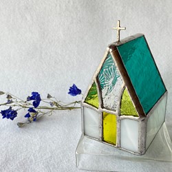 『Église　 Teal green 』　ミニ教会　キャンドルホルダー・ステンドグラス　【受注制作品】 1枚目の画像