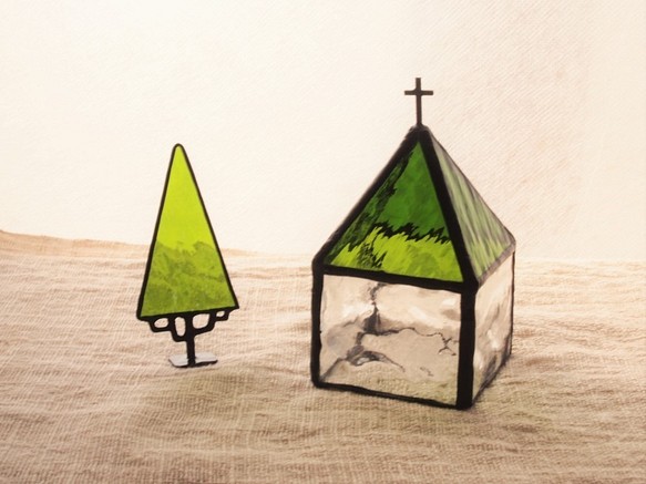 教会へ[Ⅰ]　＜モスグリーン＞：キャンドルホルダー（LEDキャンドル専用）・ステンドグラス 1枚目の画像
