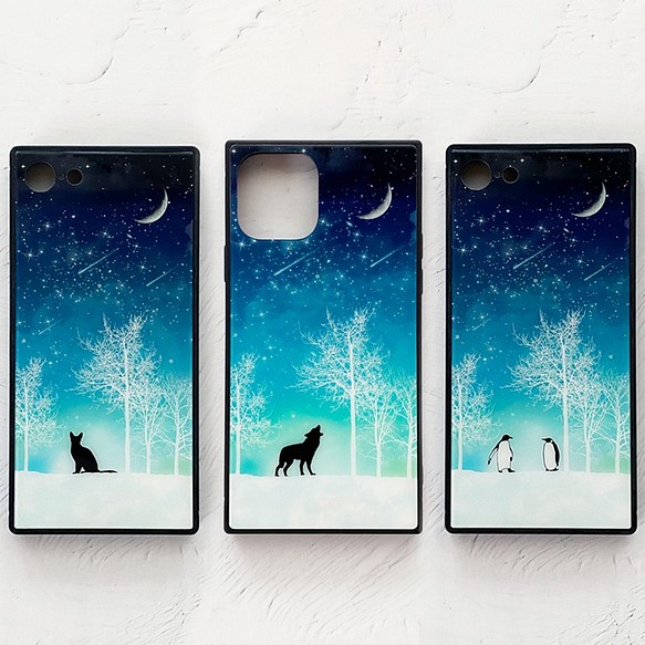 全8種 冬の星空 iPhoneケース TPU スクエア型 強化ガラス / 月 猫
