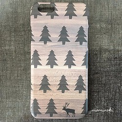 ノルウェーの森（夜）　モミノキ柄・鹿・木製風プリントスマホケース　iphone/Xperia/Galaxyなど 1枚目の画像