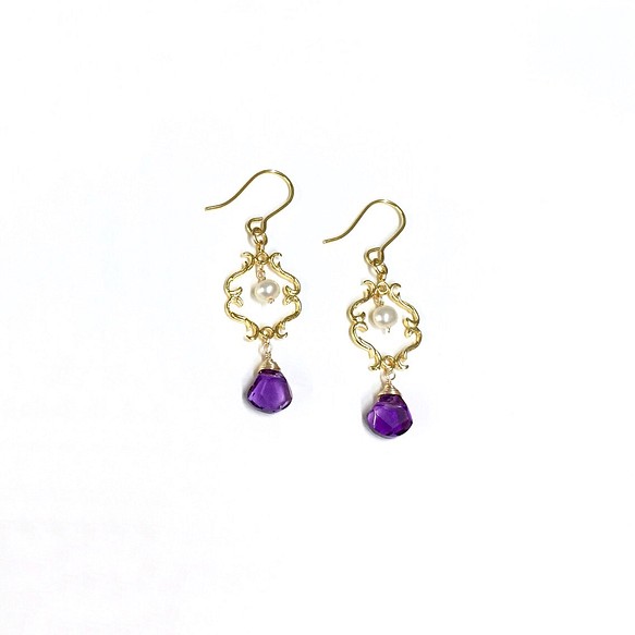 可改耳夾。【璀璨II。紫水晶。天然珍珠。水滴耳環。進口鍍18k金耳鉤。 第1張的照片
