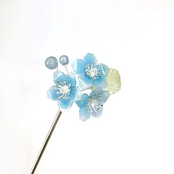 【若桑】春。櫻姬IV。山之櫻髮簪。藍櫻花款。樹脂櫻花髮簪。金屬簪 第1張的照片