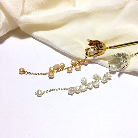 【若桑】【鈴蘭】II。天然珍珠。金色款。粉色鈴蘭髮簪。 第1張的照片