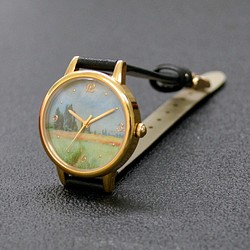 nameless 風景畫 金色手錶 黑色錶帶 女裝手錶 全球免運 送料無料 第1張的照片