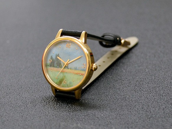 nameless 風景畫 金色手錶 黑色錶帶 女裝手錶 全球免運 送料無料 第1張的照片