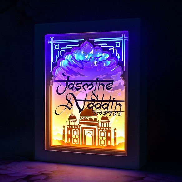 アラビア語のテーマ // 手でカスタマイズされた名前の特別な LED 紙彫刻ランプ // 結婚祝い 1枚目の画像