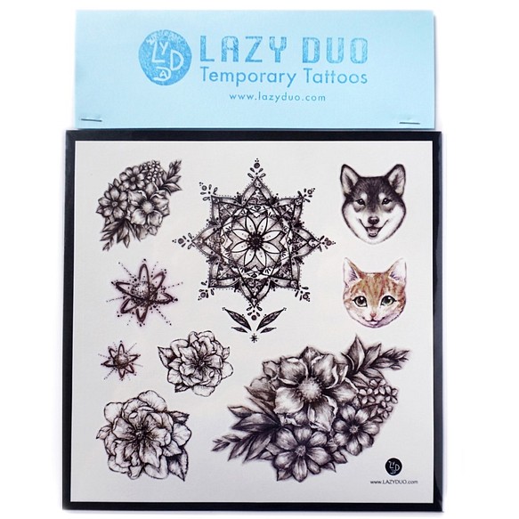 LAZY DUO TATOO J07 灰 黑 花園 天空 水彩 手繪紋身貼紙 唯美 寵物 庭園 動物 猫 狗 刺青 可愛 第1張的照片