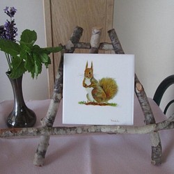 オリジナルタイル　森の動物達　３枚セット　フクロウ　リス　ネズミ　　9.7×9.7×0.4(cm)　 1枚目の画像