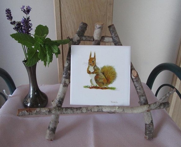 オリジナルタイル　森の動物達　３枚セット　フクロウ　リス　ネズミ　　9.7×9.7×0.4(cm)　 1枚目の画像