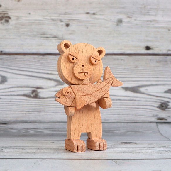 手工木製磁合擺設 木質模型  熊與魚 禮物訂製 第1張的照片