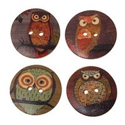 送料無料！【wood-button0254】木製ボタン4個（ナチュラル地＋ふくろうデザイン）３０ｍｍ 1枚目の画像