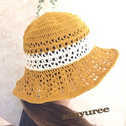 【送料無料】夏リゾート☆マンゴー色にホワイト爽やか麻リネン帽子 1枚目の画像