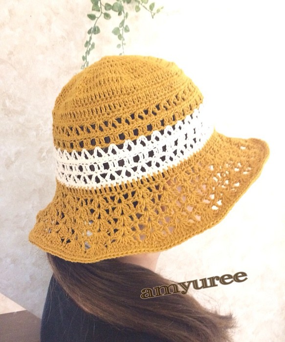 【送料無料】夏リゾート☆マンゴー色にホワイト爽やか麻リネン帽子 1枚目の画像