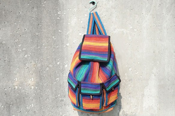 バックパックを織りフェアトレードグラデーションライン - 手編みのバックパック/ショルダーバッグ/バッグ/ハンドバッグを感じた後 1枚目の画像