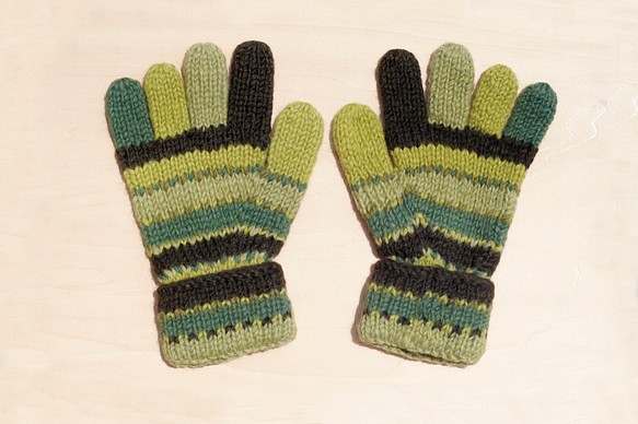 聖誕節禮物 手工限量針織純羊毛保暖手套 / 針織手套 / 全指手套 / wool gloves - 東歐草地綠條紋 第1張的照片