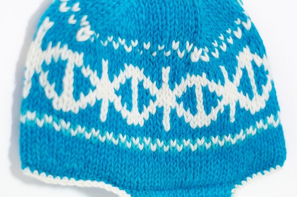 ピュアウール手編みのウールの帽子キャップ/フライトキャップ/編みキャップ/ハンドメイドキャップ/ウールキャップ - ブルースカイ 1枚目の画像