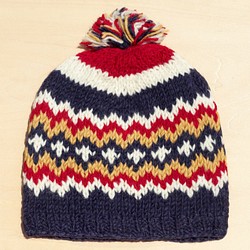 聖誕禮物 手織純羊毛帽 / 針織毛帽 / 內刷毛手織毛帽 / 毛線帽 (made in nepal) - 藍色+紅色 繽 第1張的照片