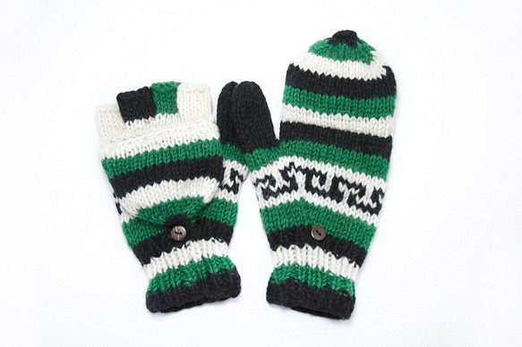 手織純羊毛針織手套 / 可拆卸手套 / 內刷毛手套 / 保暖手套 - 森林色民族圖騰 wool gloves 第1張的照片