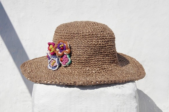 手織りのコットン帽子/ニット帽子/漁師帽子/バイザー/麦わら帽子/麦わら帽子の限定版-編まれた花の森の風（カーキ） 1枚目の画像