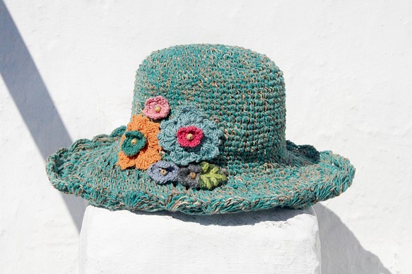 限量一件 手工編織棉麻帽/編織帽/漁夫帽/遮陽帽/草帽/草編帽 - 編織花朵 森林風 ( 綠色 ) 第1張的照片