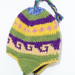 手工針織純羊毛帽 / 手工內刷毛毛帽 / 針織毛帽 / 飛行毛帽 / 毛線帽  - 繽紛圖騰黃紫色 ( 僅一件 ) 第1張的照片