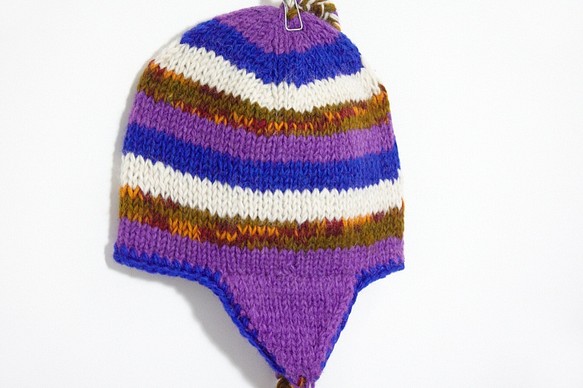 手工編織純羊毛帽 / 手工內刷毛毛帽 / 針織毛帽 / 毛線帽 / 飛行毛帽 - 藍紫色條紋 ( 手工限量一件 ) 第1張的照片